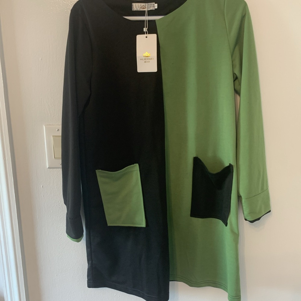 Huiermei Split Front Tunic Shirt Dress Black Green Color Block NWT XL